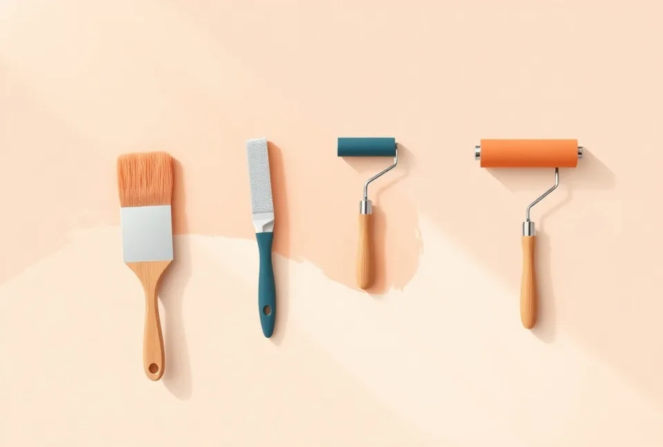 Outils de peinture disposés dans l'ordre des étapes du chantier