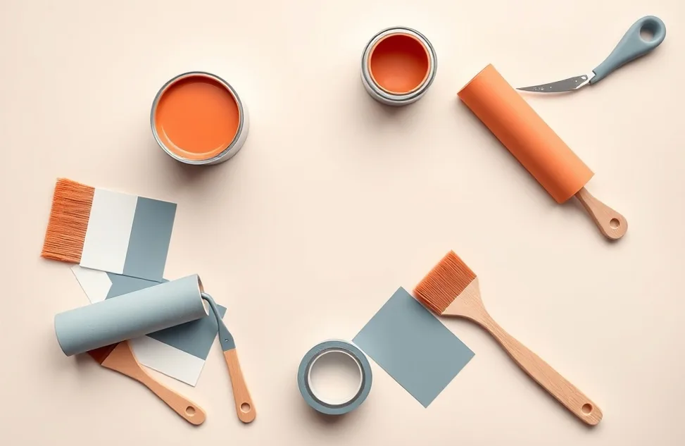 Pots de peinture, nuancier, brosses et rouleaux disposés à plat