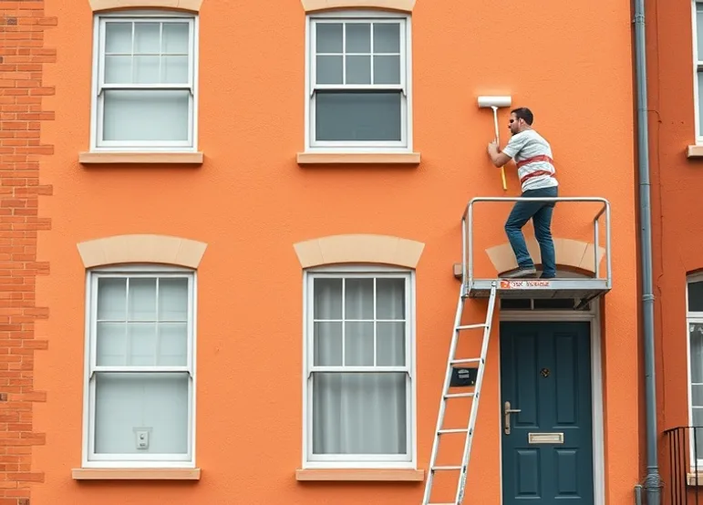 Peintre sur échafaudage traitant la façade d'une maison