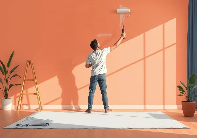 Peintre appliquant la peinture au rouleau sur un mur de salon